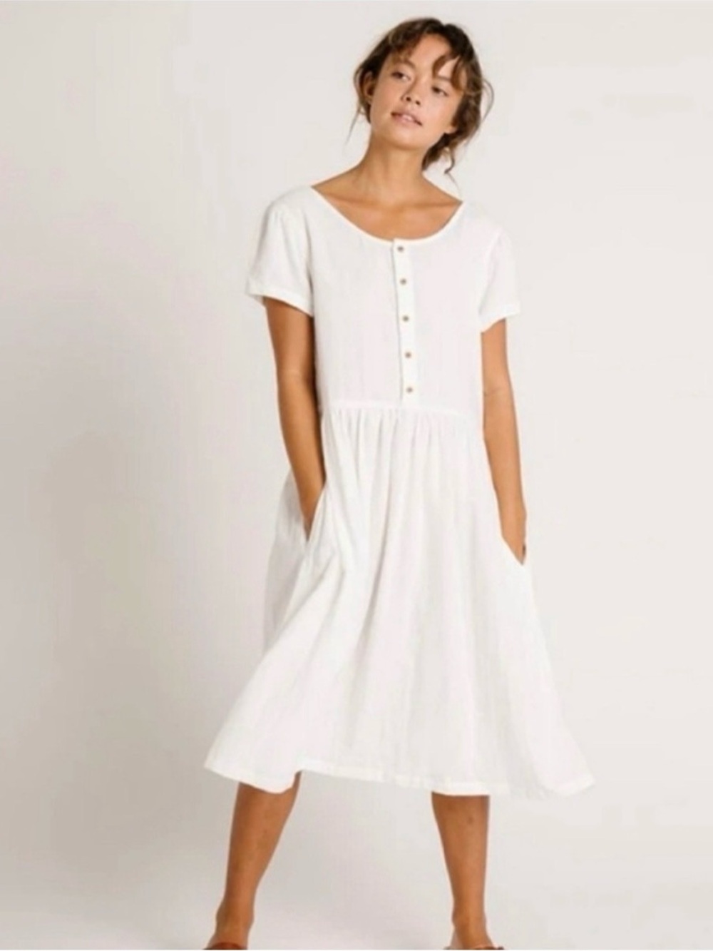 Wares By Olli Ella Organic Cotton White Button-Front Midi Dress with Pockets